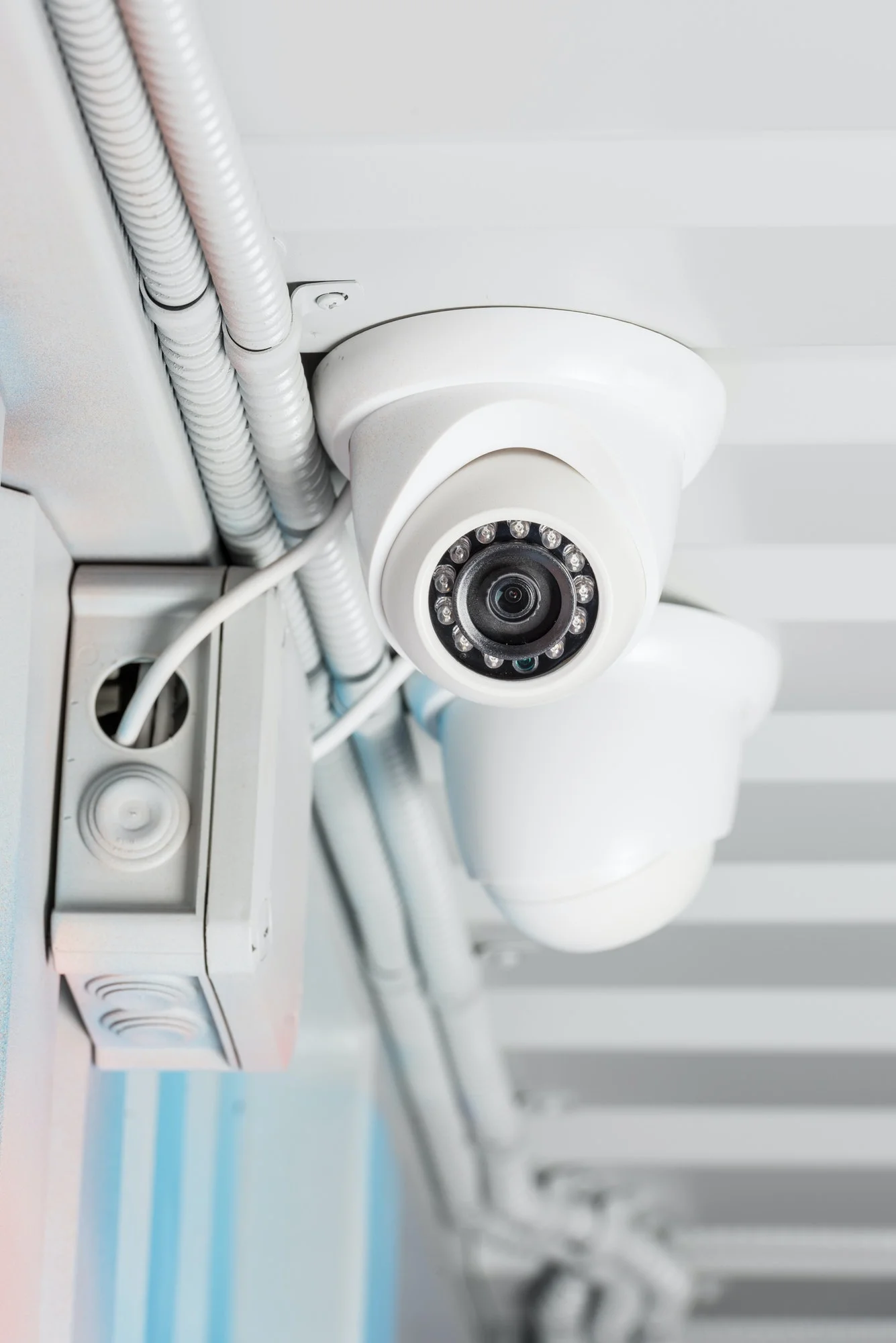 White dome security camera mounted on a ceiling